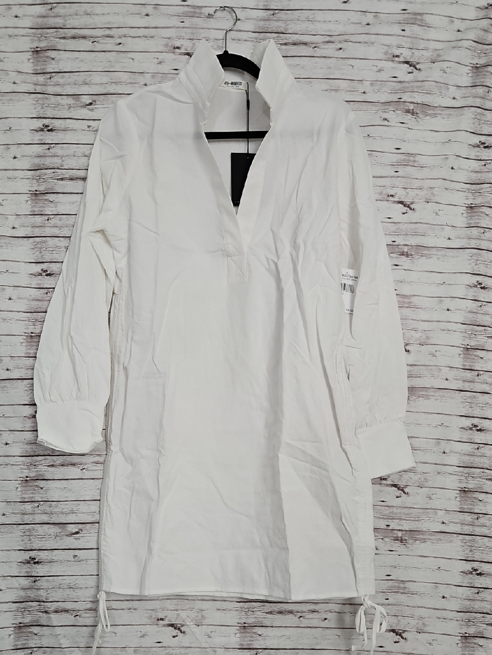 White Women's Tunic Dress with V-Neck and Tie Hem